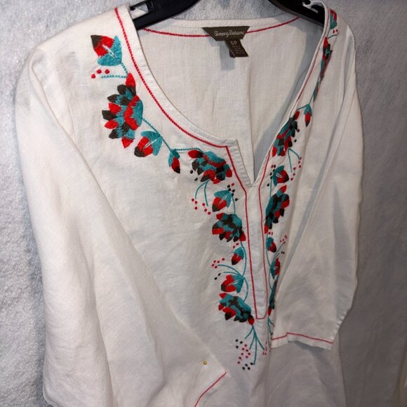 Tommy Bahama Top Womens S White Linen Embroidered Boho Peasant Tunic Casual - Picture 4 of 8